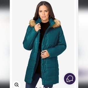Roaman's Plus Size Classic Length Winter Puffer Jacket with Fur Hood
